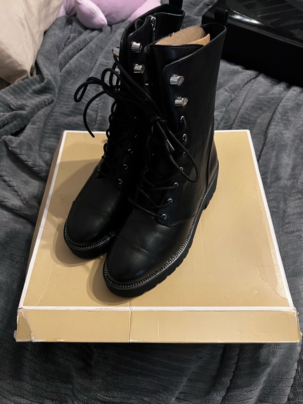 Michael Kors Women's Black Leather Lace-Up Combat Boots